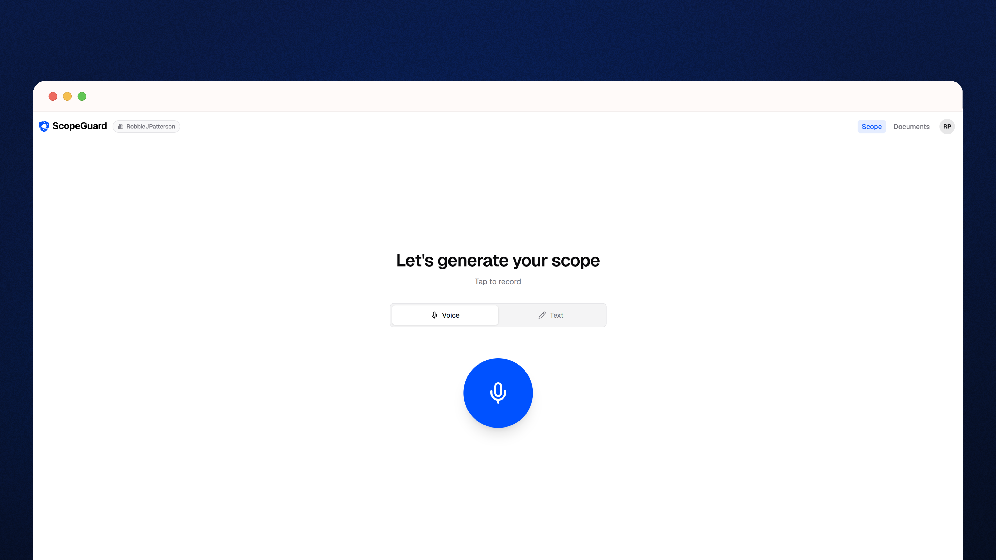 ScopeGuard voice-first scope capture screen